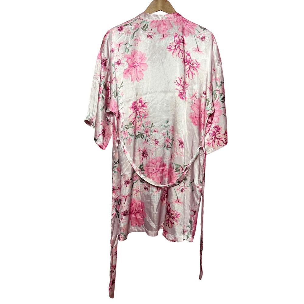 Lilac + London Women M/L Pink Floral Satin Kimono Robe Belted Sleep Loungewear
